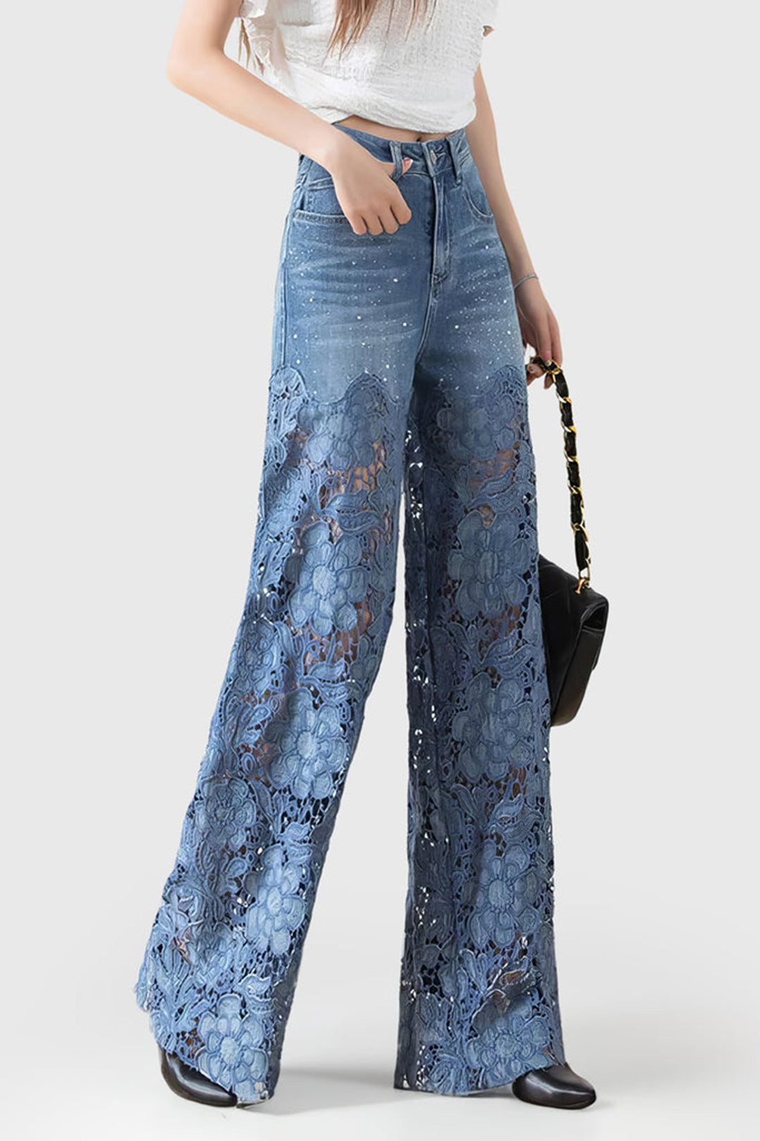Lace Panel High Waisted Denim Pants