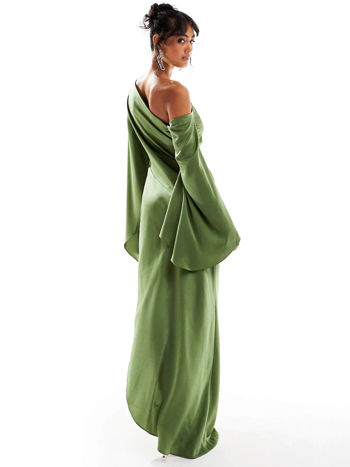 Green Satin One-Shoulder Maxi Dress