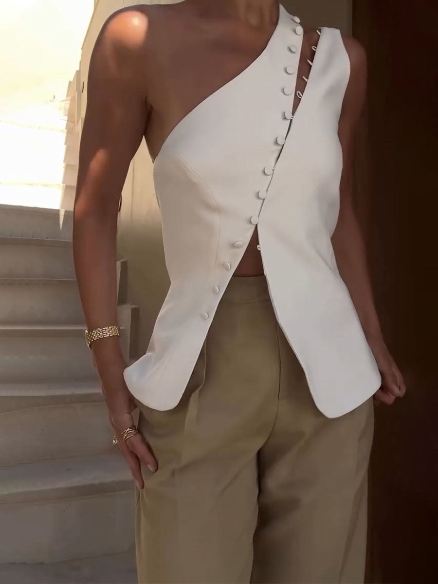 Sleeveless button-down backless top