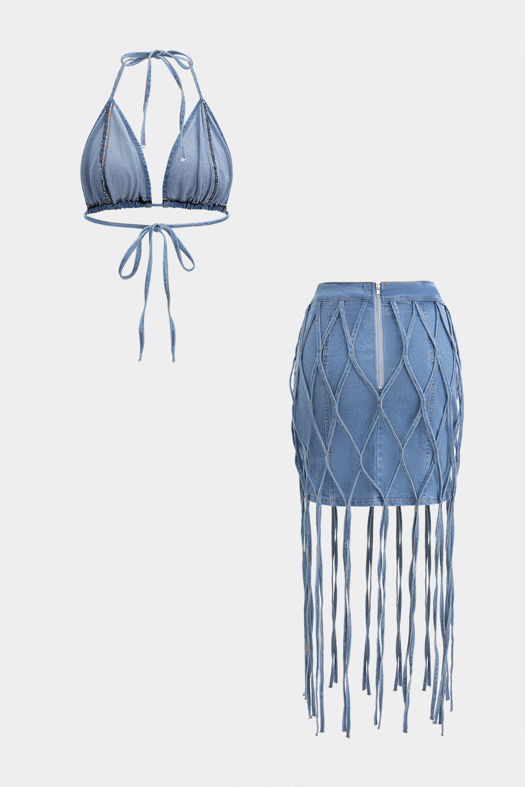 Denim Bra Top And Tie-Up Skirt Set