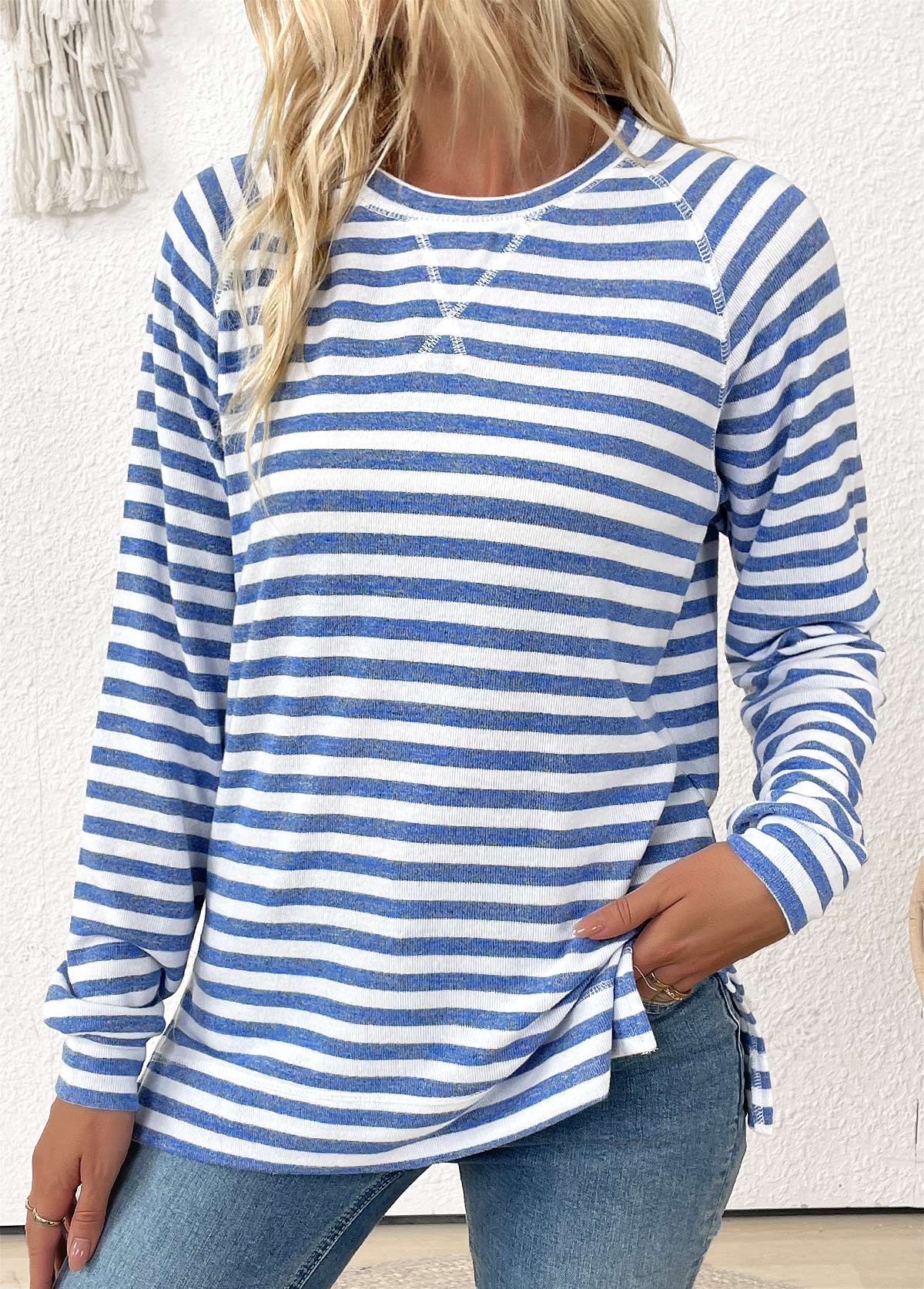 MODLILY DESIGN
Light Blue Striped Long Sleeve Round Neck T Shirt