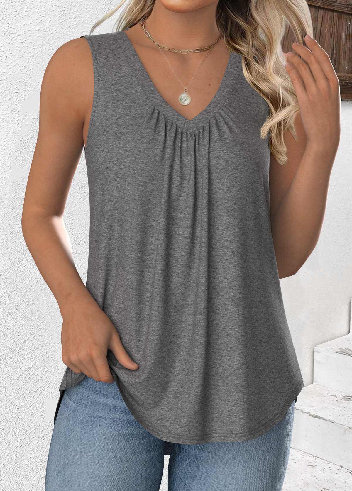 Grey Sleeveless V Neck Tank Top