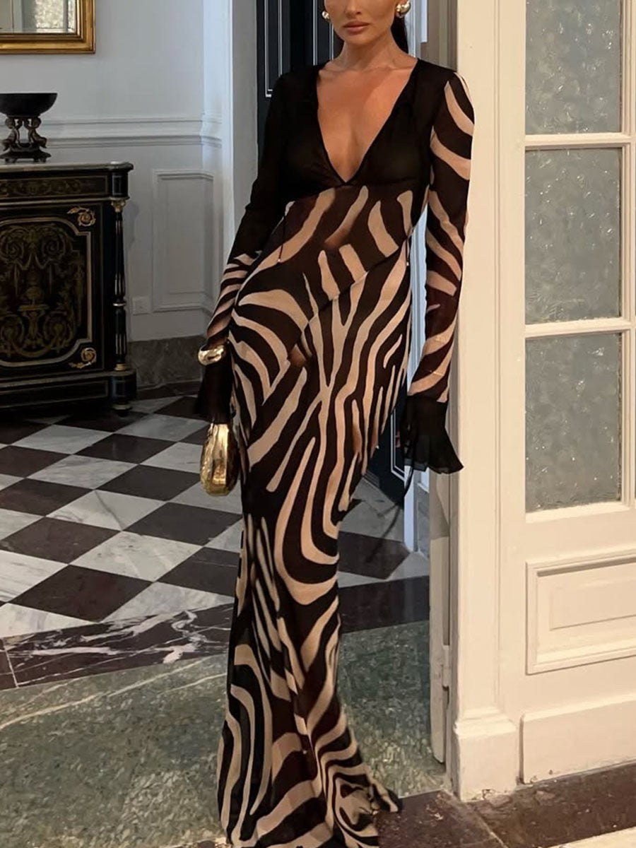 V Neck Zebra Print Party Dress