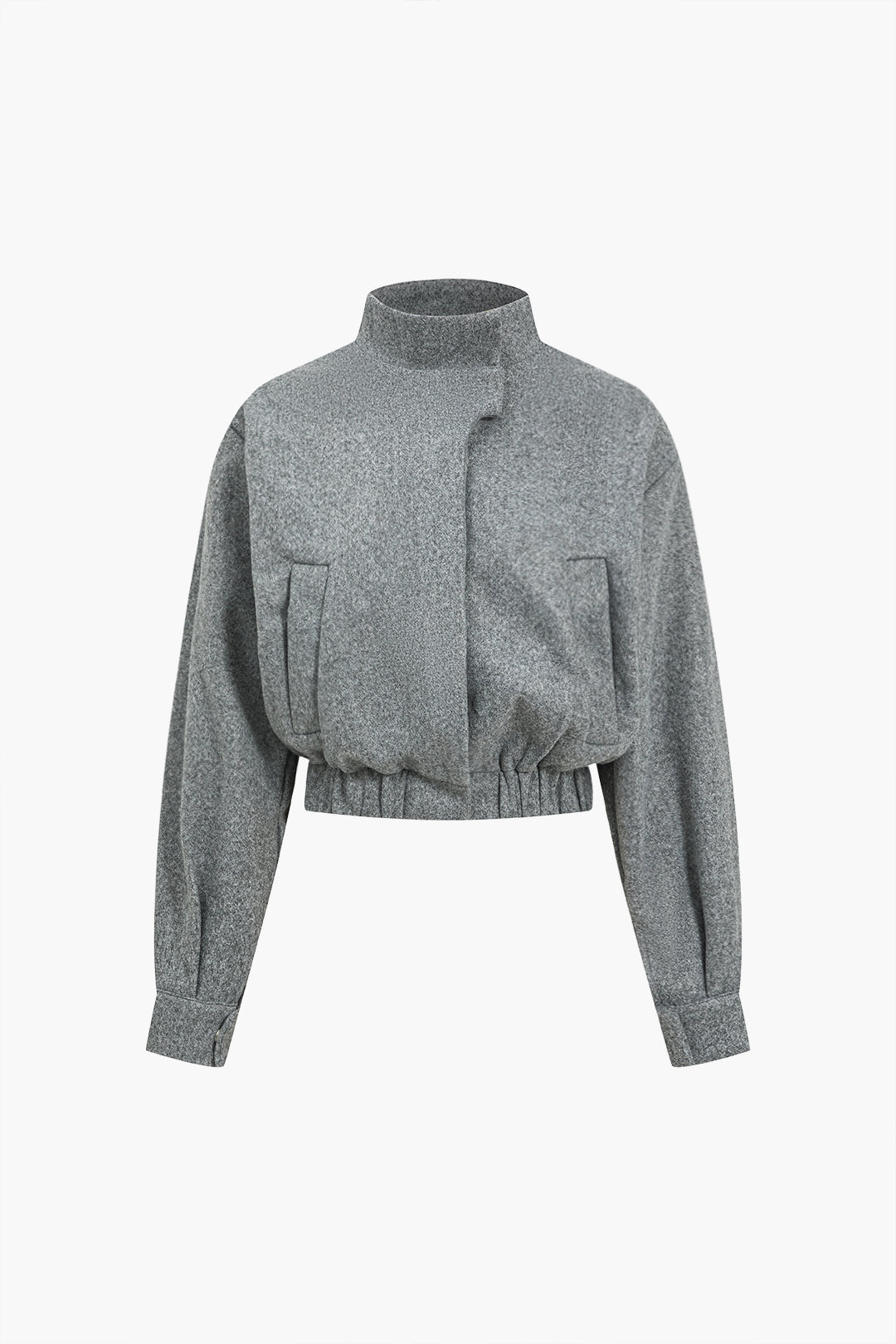 Solid Stand Collar Button Pocket Jacket