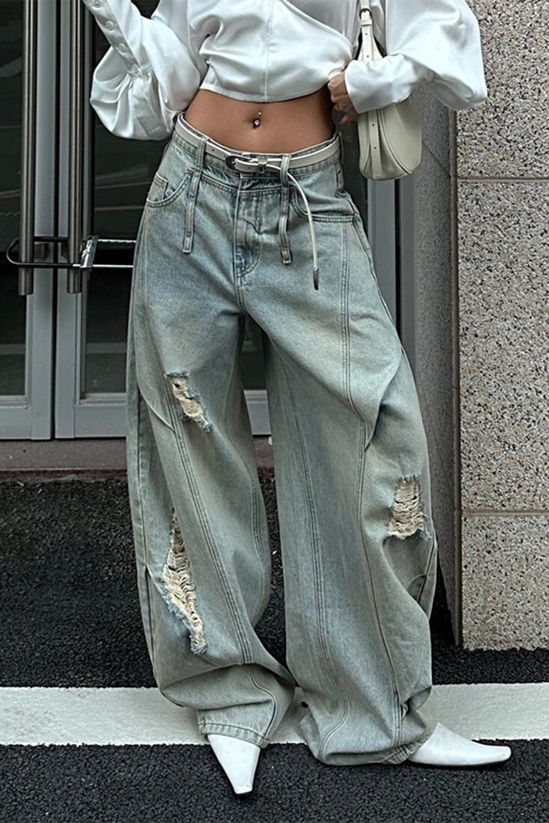 Denim Ripped Ruched Barrel Jeans