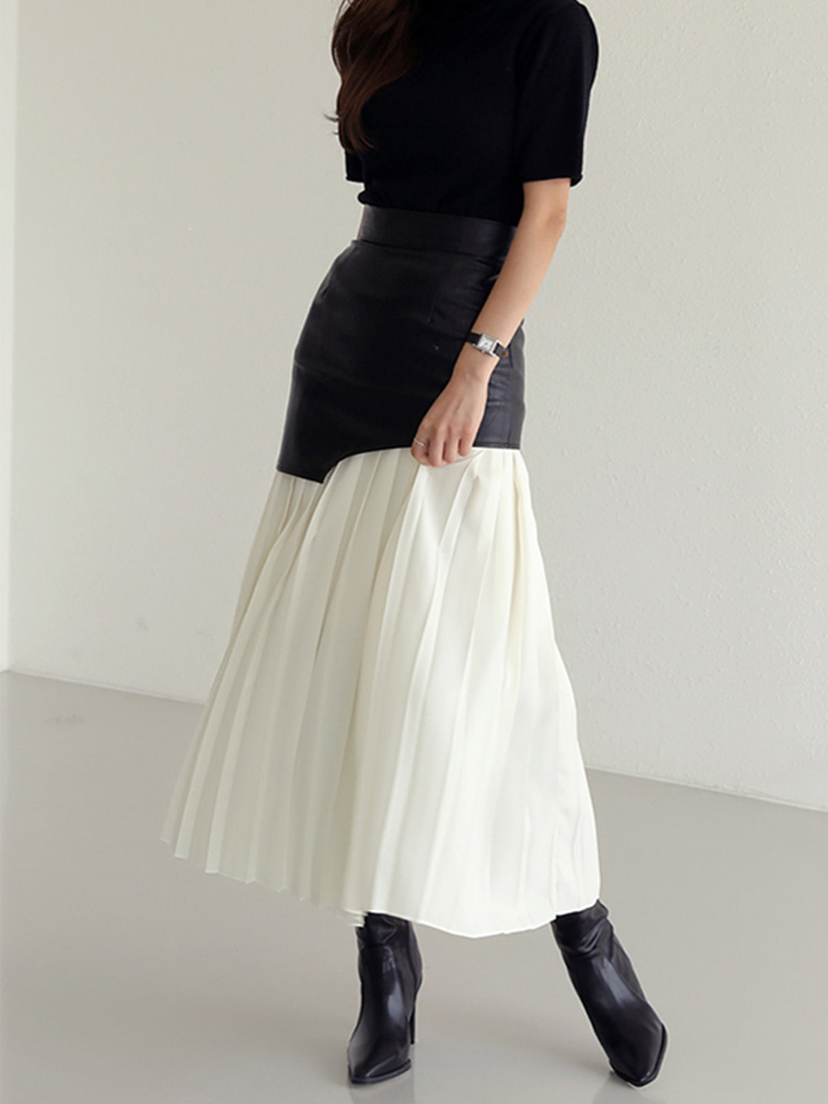 Asymmetric Patchwork Faux Leather Chiffon Pleated Maxi Skirt
