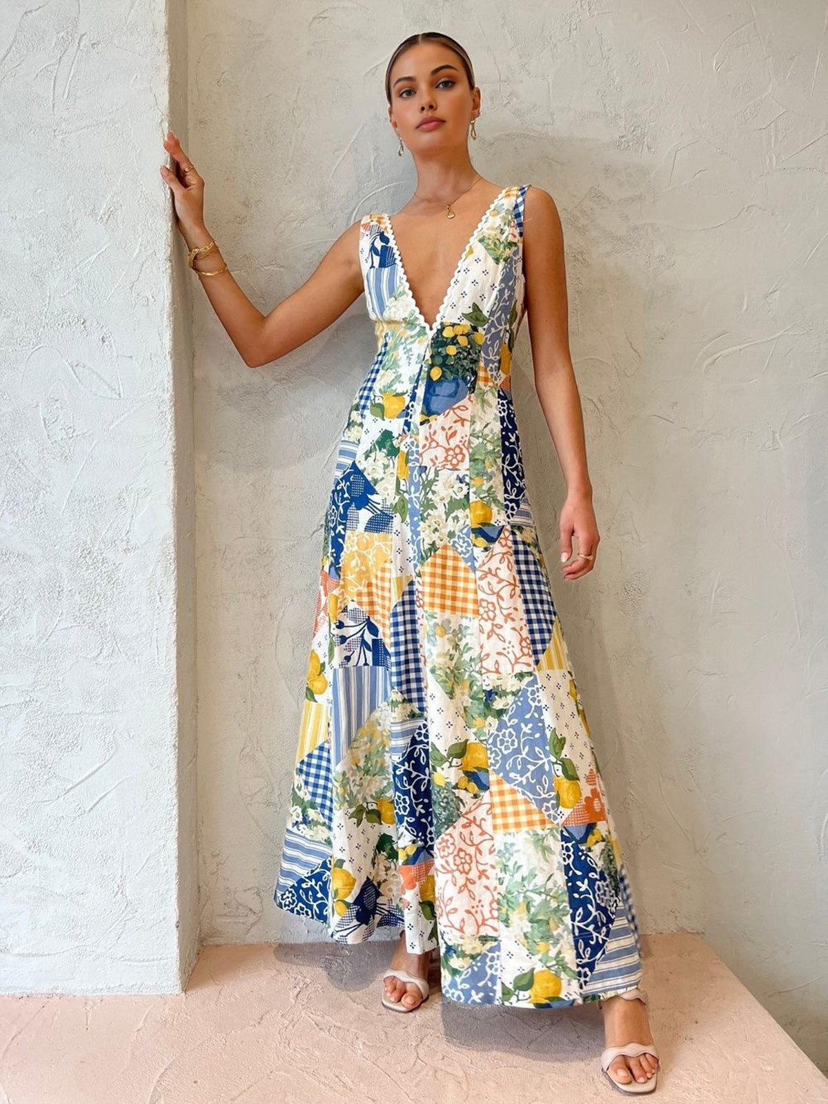 Boho Patchwork Print Maxi Dress – Lemon Garden Edition