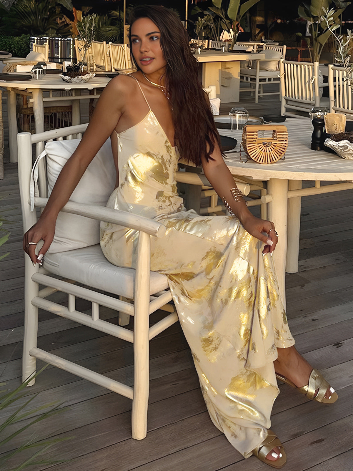 Trapstar Print V-Neck Backless Slip Long Dress