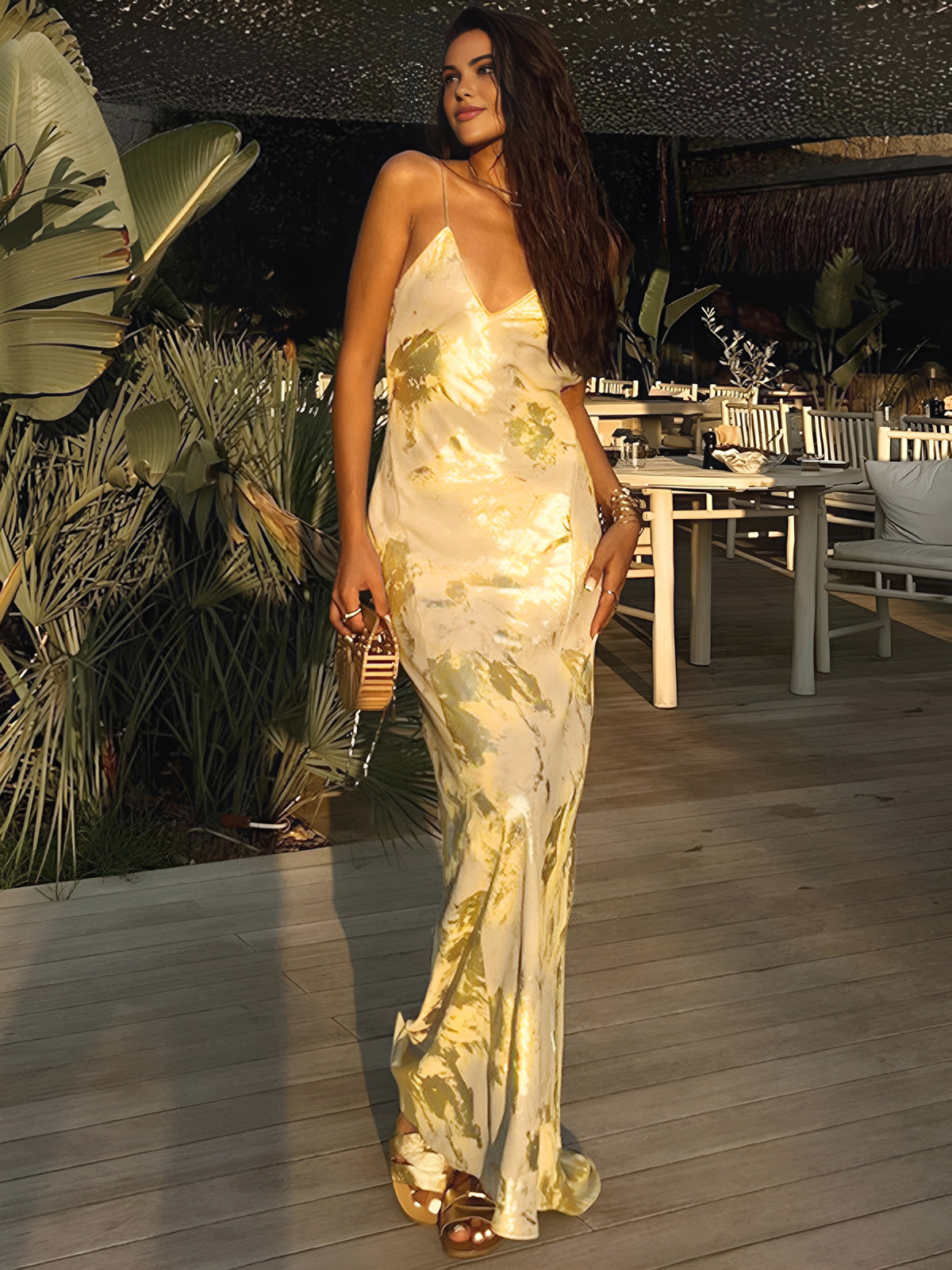 Trapstar Print V-Neck Backless Slip Long Dress