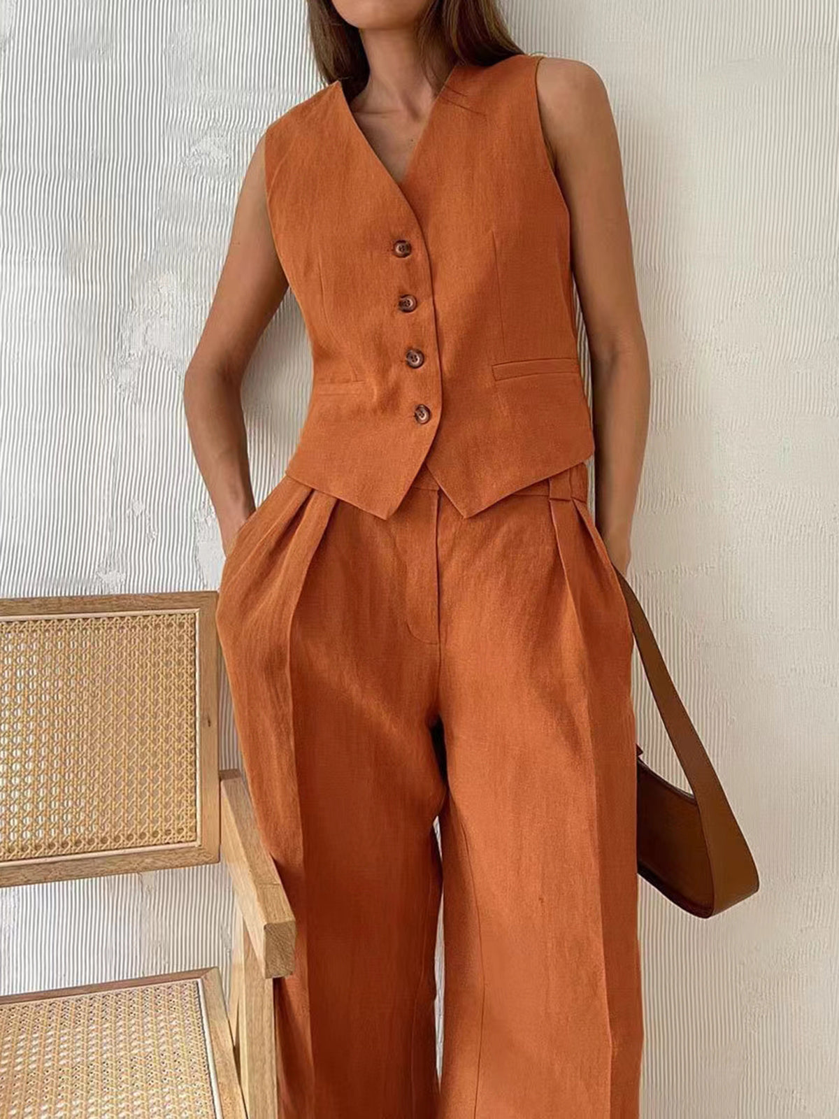 Tailored Linen Vest & Wide-Leg Pants Set