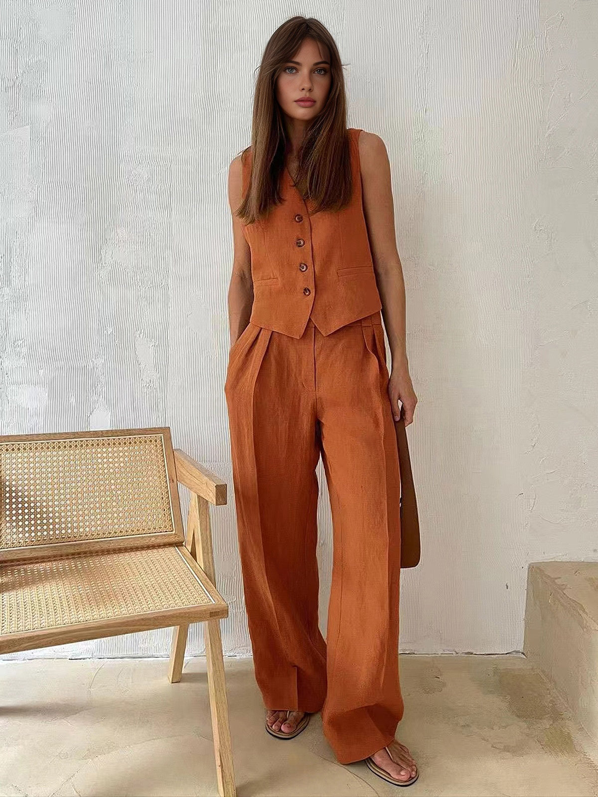 Tailored Linen Vest & Wide-Leg Pants Set