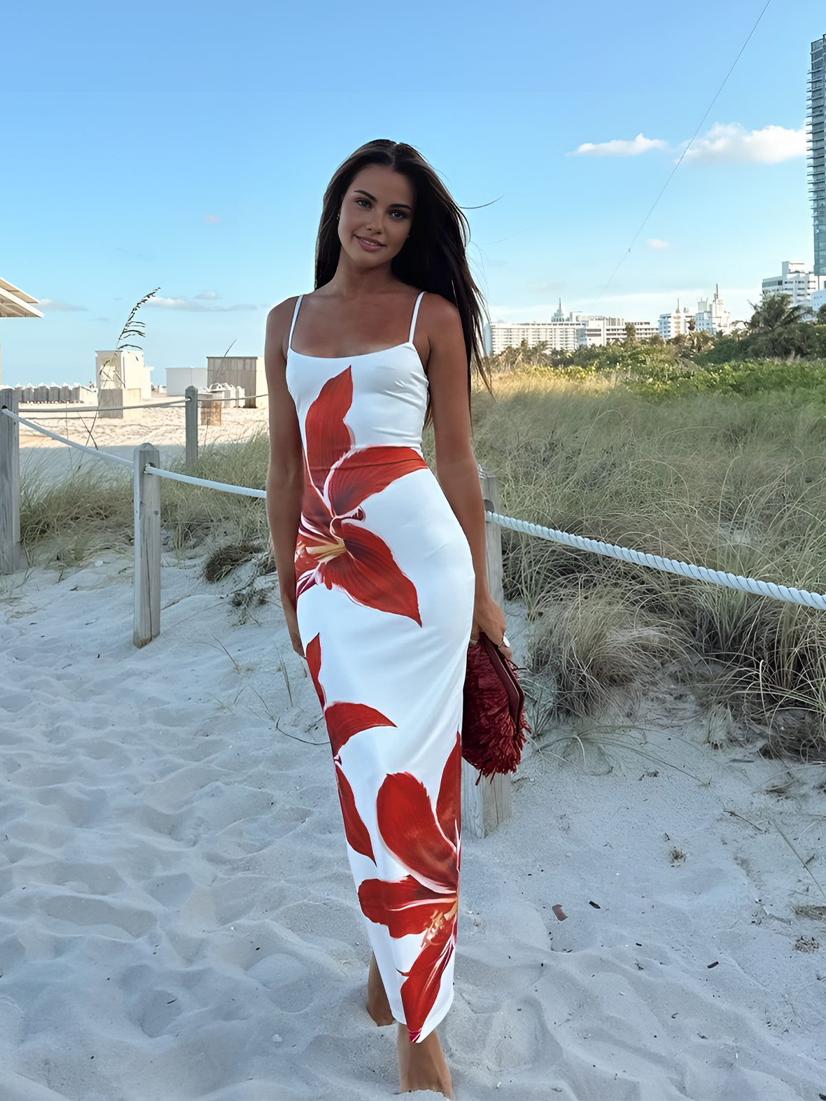 White Floral Bodycon Maxi Dress – Tropical Red Lily Print