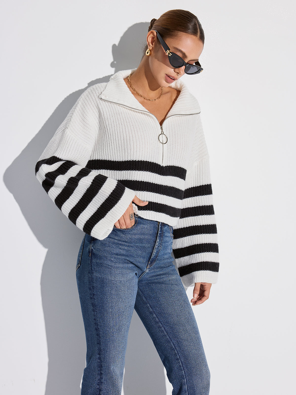 Half-Zip Striped Oversized Sweater