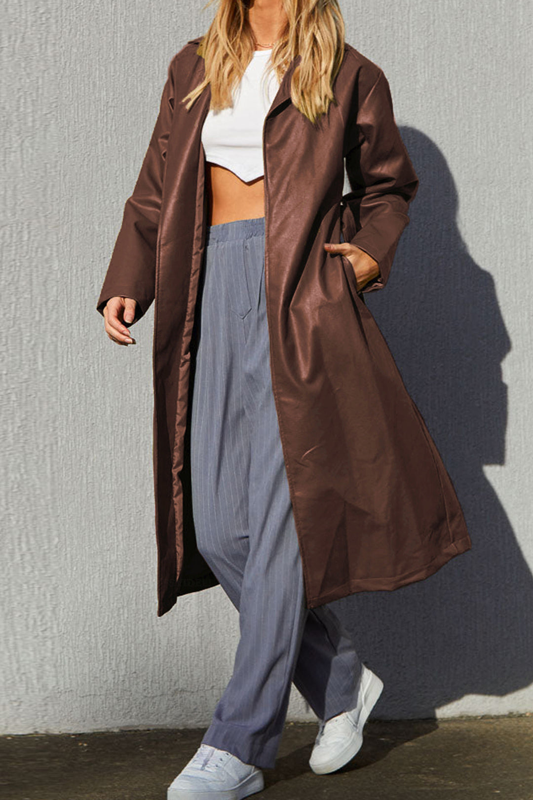 Solid Faux Leather Pocket Knot Long Coat
