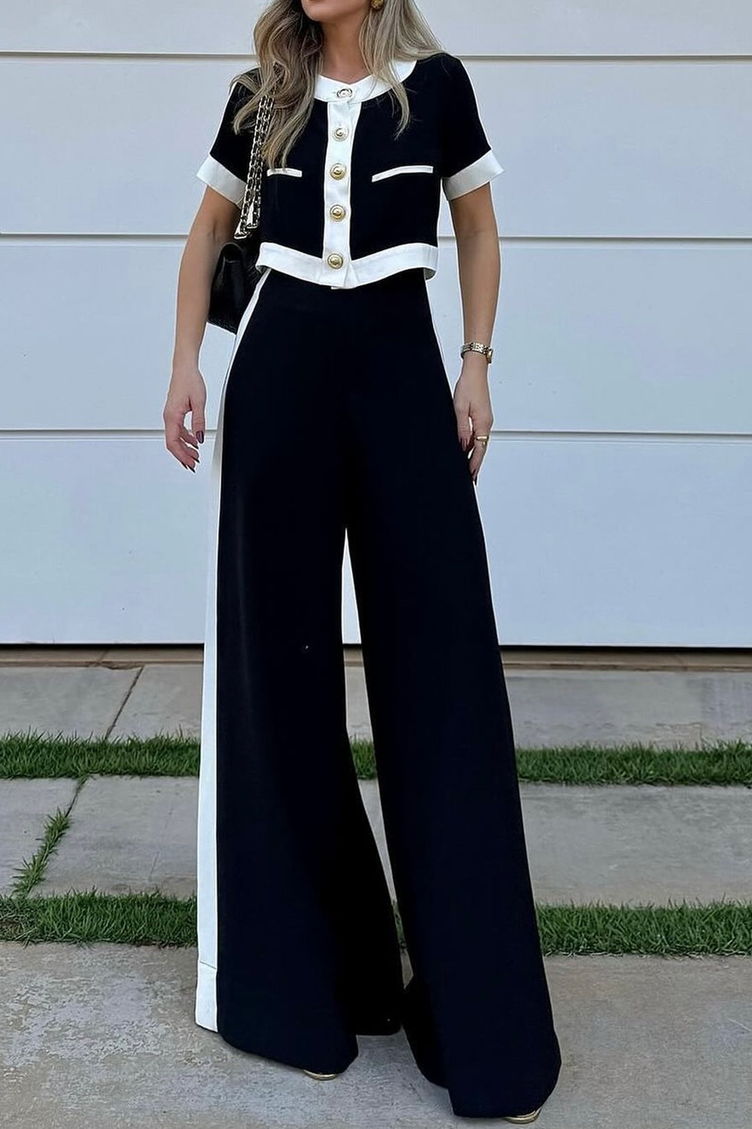 Contrast Metallic Button Short-Sleeve Shirt And Wide Leg Trousers Set