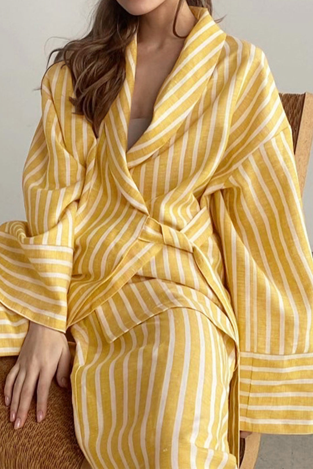 Stripes Print Tie-Up Long-Sleeve Shirt And Trousers Set
