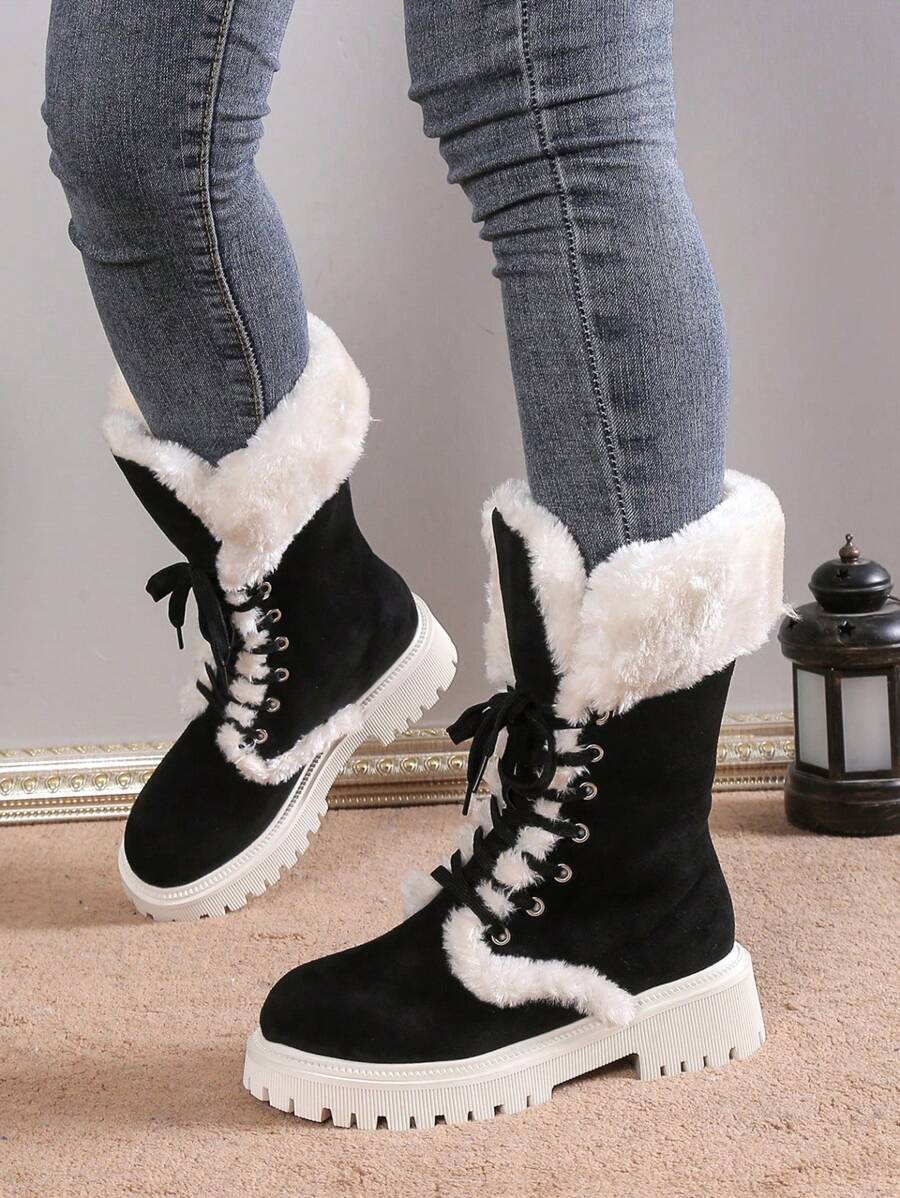 Fall/Winter Thick Sole Mid-Calf Lace-Up Snow Boots For Women, Warm Plush Lined, European Style, Fits Large Sizes,Fur Boots
