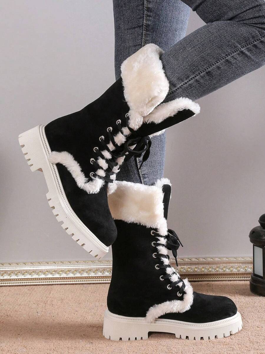 Fall/Winter Thick Sole Mid-Calf Lace-Up Snow Boots For Women, Warm Plush Lined, European Style, Fits Large Sizes,Fur Boots