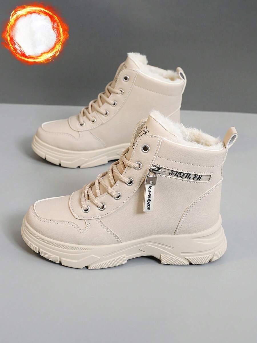 Women's White Shoes, Casual Shoes, Sports Shoes, 2024 Winter New Item With Added Fleece Warmth, Outdoor Thick Sole Height Increase, Fashionable And Versatile Vacation Style, Student Outdoor Hiking Skateboarding Shoes, Flat Chunky Sneakers, Snow Boots, Wom