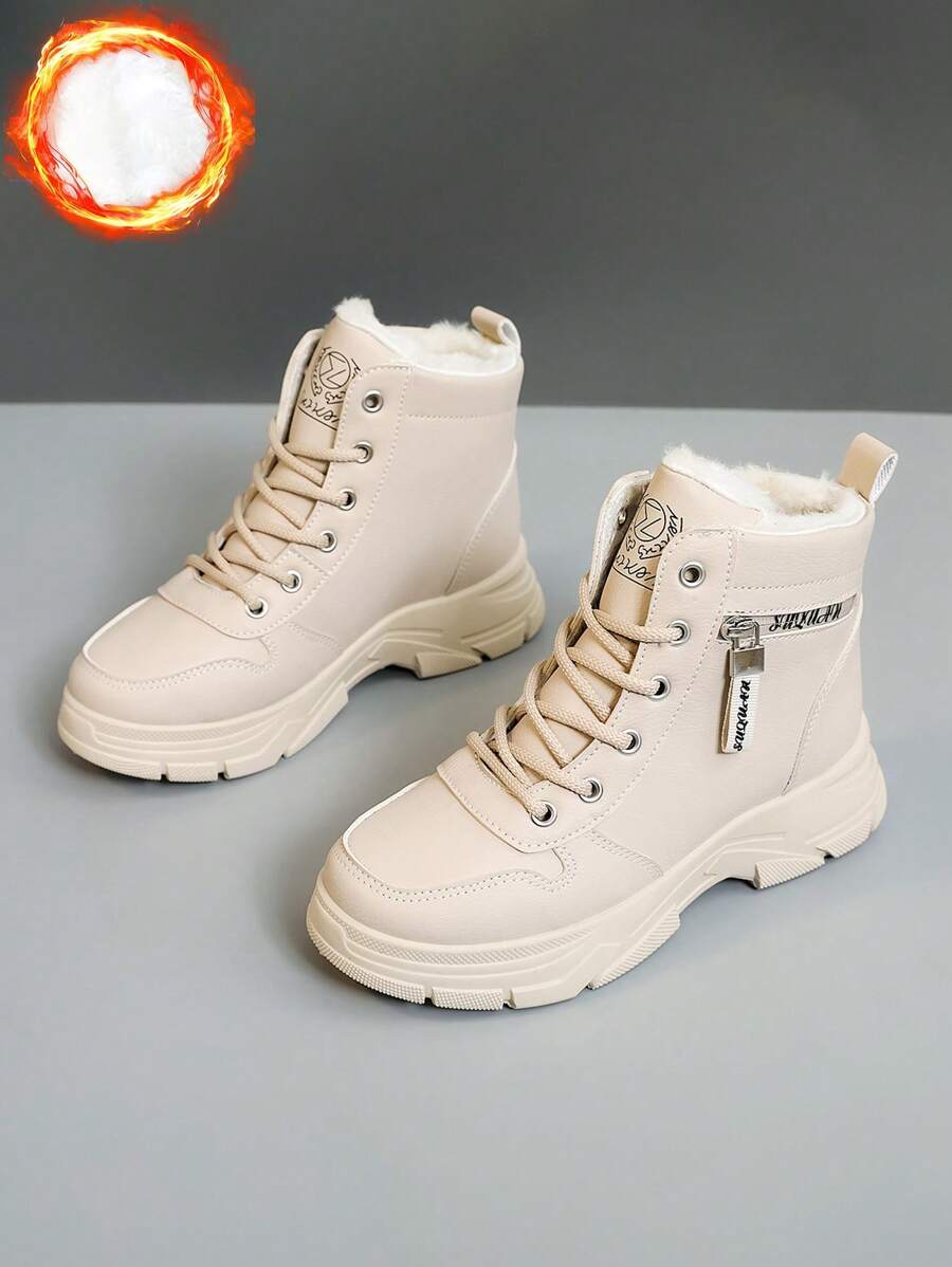 Women's White Shoes, Casual Shoes, Sports Shoes, 2024 Winter New Item With Added Fleece Warmth, Outdoor Thick Sole Height Increase, Fashionable And Versatile Vacation Style, Student Outdoor Hiking Skateboarding Shoes, Flat Chunky Sneakers, Snow Boots, Wom