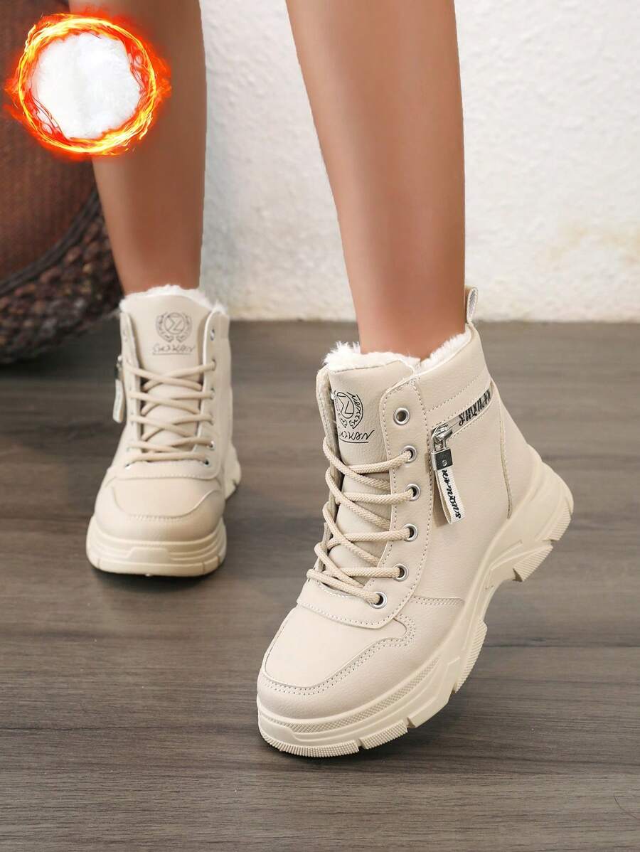 Women's White Shoes, Casual Shoes, Sports Shoes, 2024 Winter New Item With Added Fleece Warmth, Outdoor Thick Sole Height Increase, Fashionable And Versatile Vacation Style, Student Outdoor Hiking Skateboarding Shoes, Flat Chunky Sneakers, Snow Boots, Wom