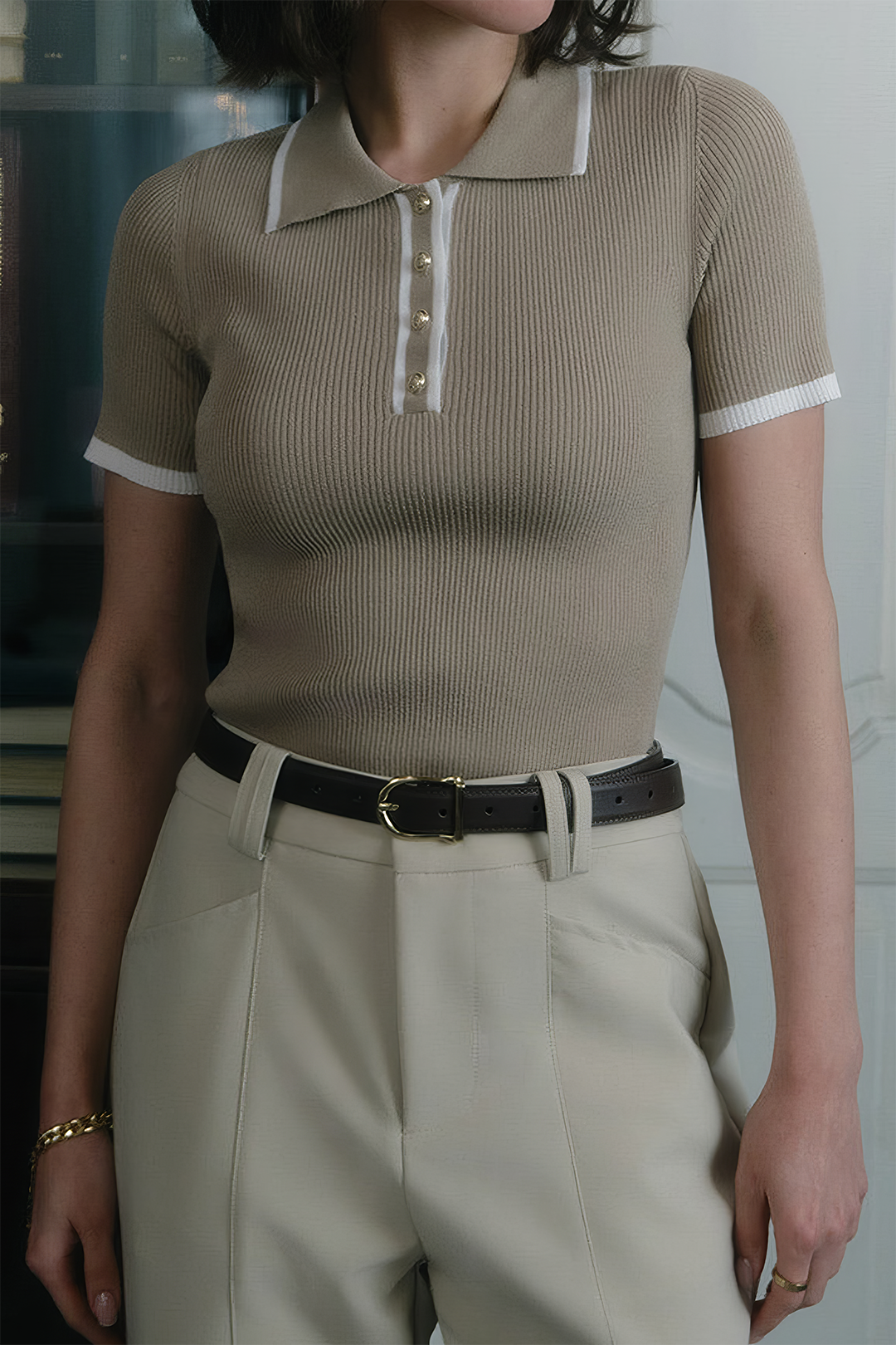Knit Button Contrast Short-Sleeve Top