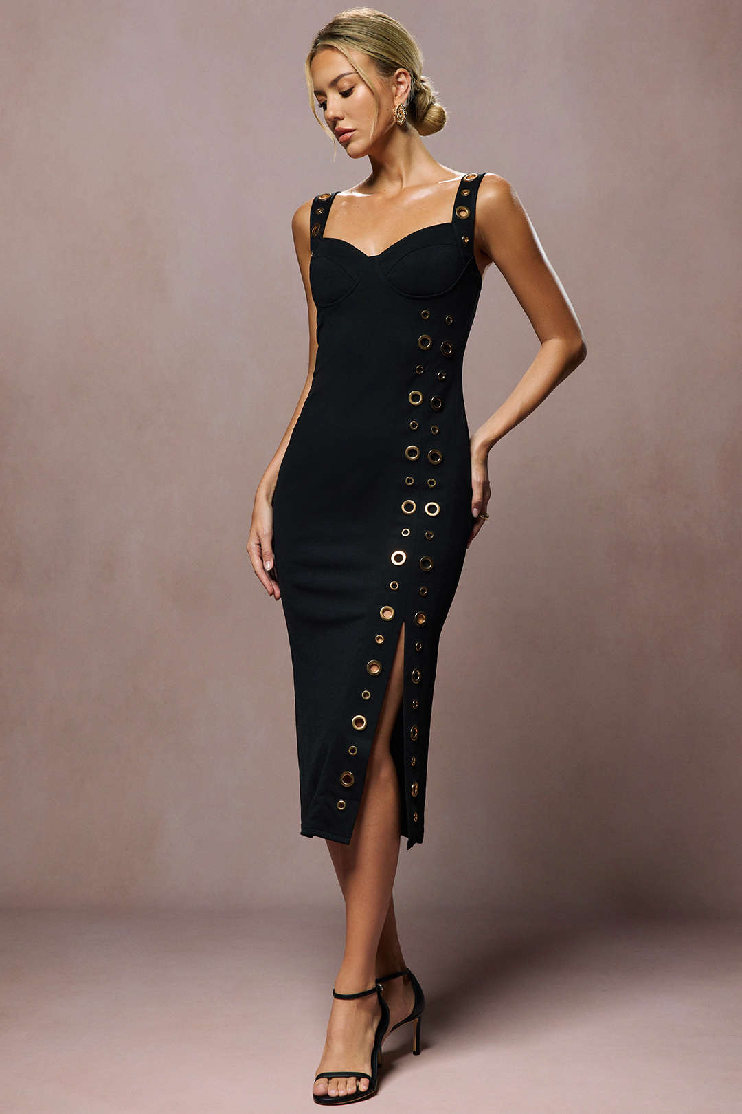 Metallic Eyelet Zipper Sleeveless Midi Dress