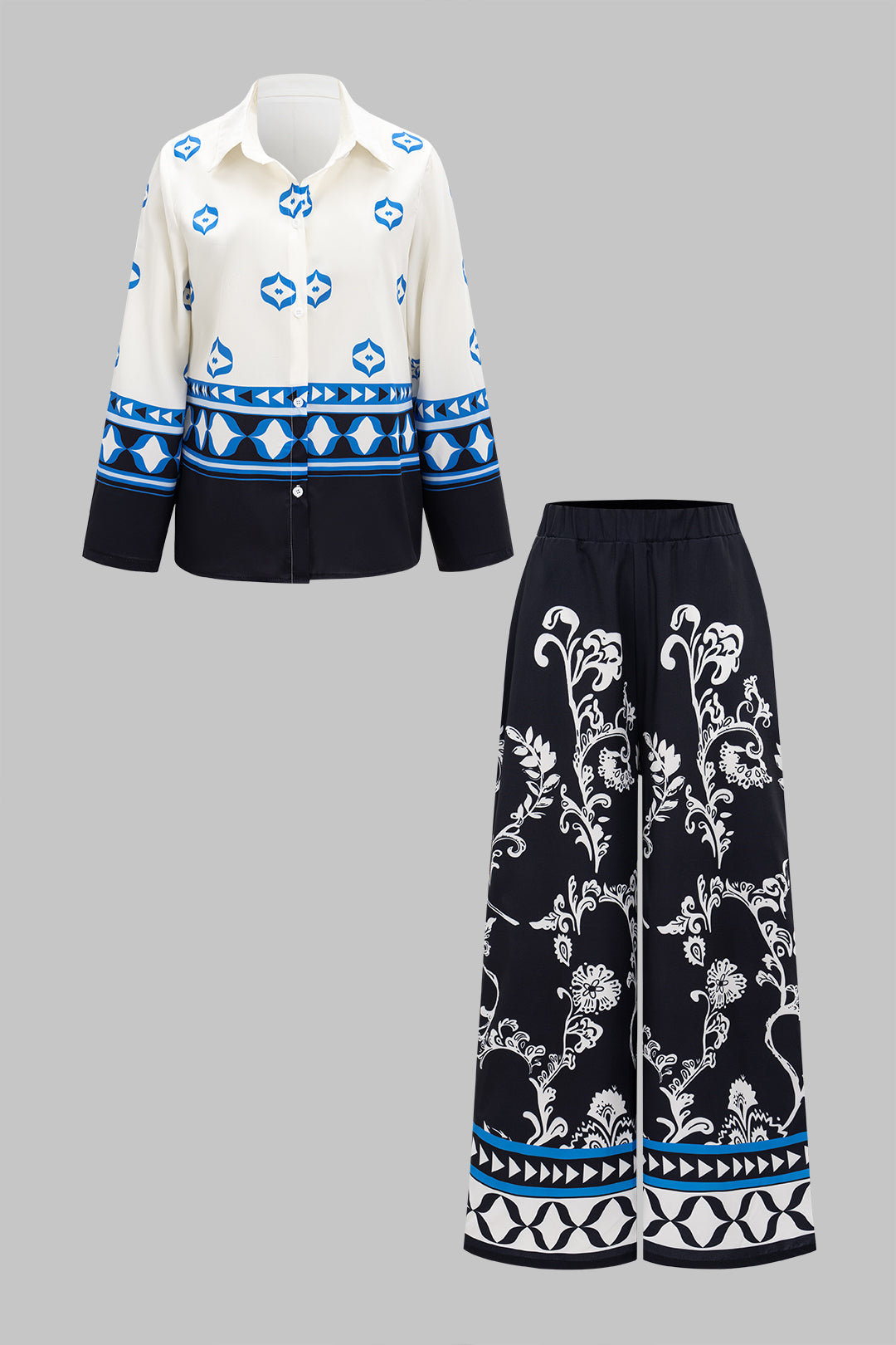 Floral Print Long-Sleeve And Wide Leg Long Sleeve Trousers Set