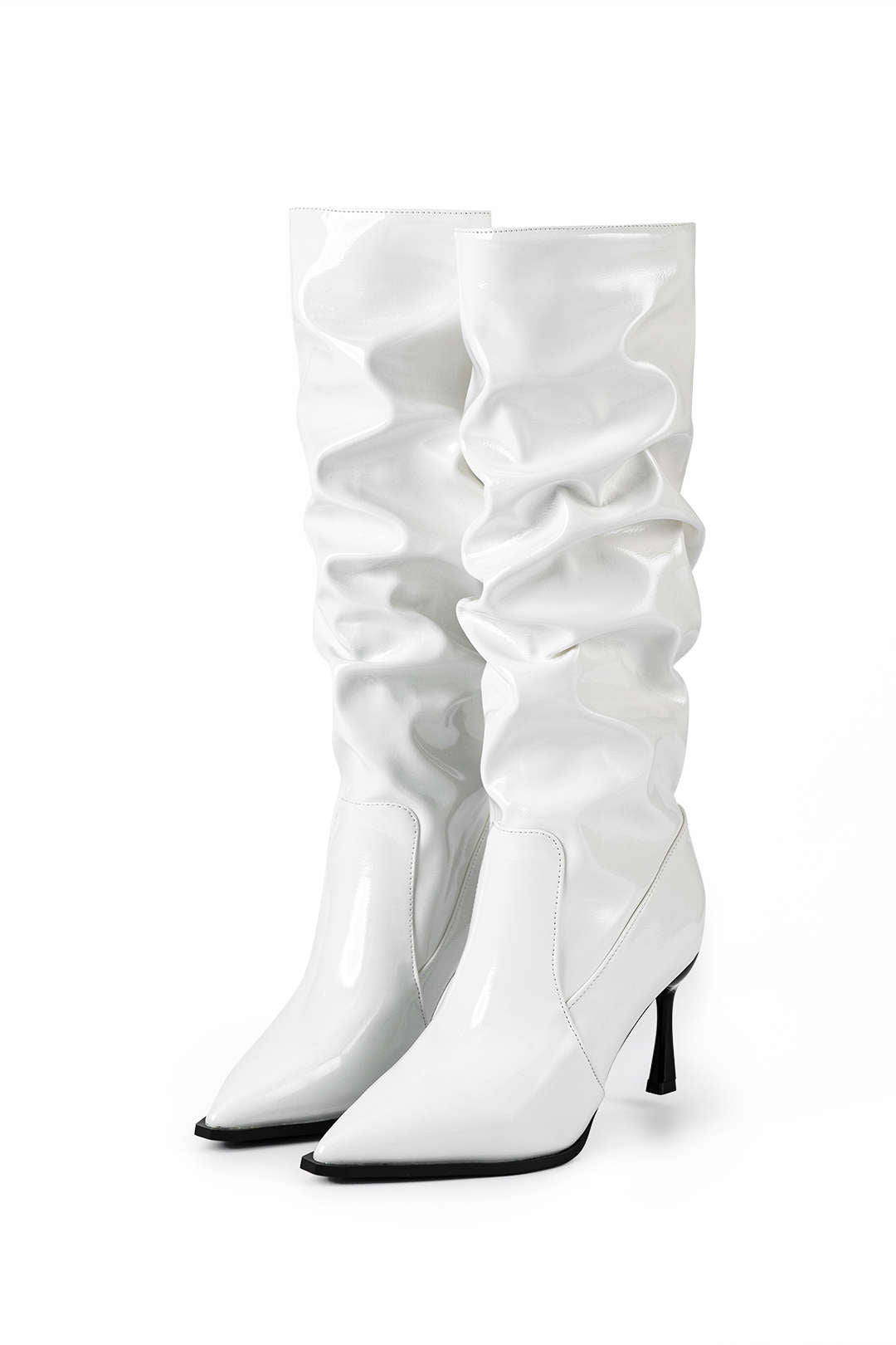 Faux Leather Ruched Pointed Toe Knee High Boots