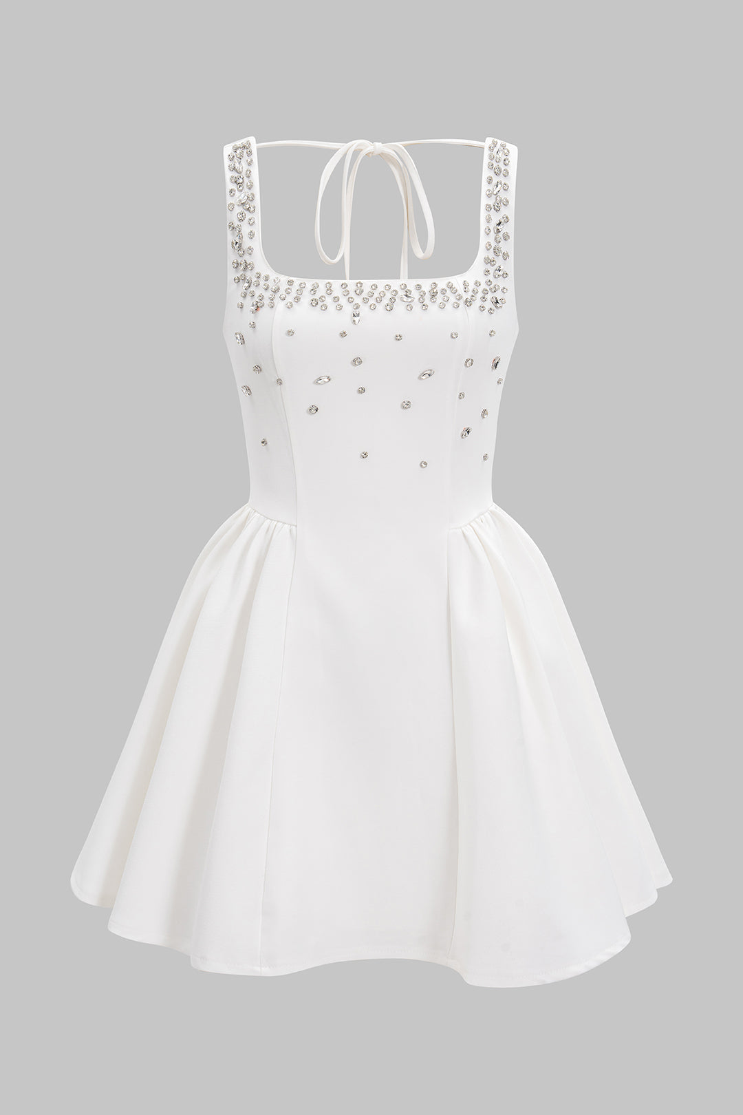 Square Neck Rhinestone Ruched Sleeveless Mini Dress