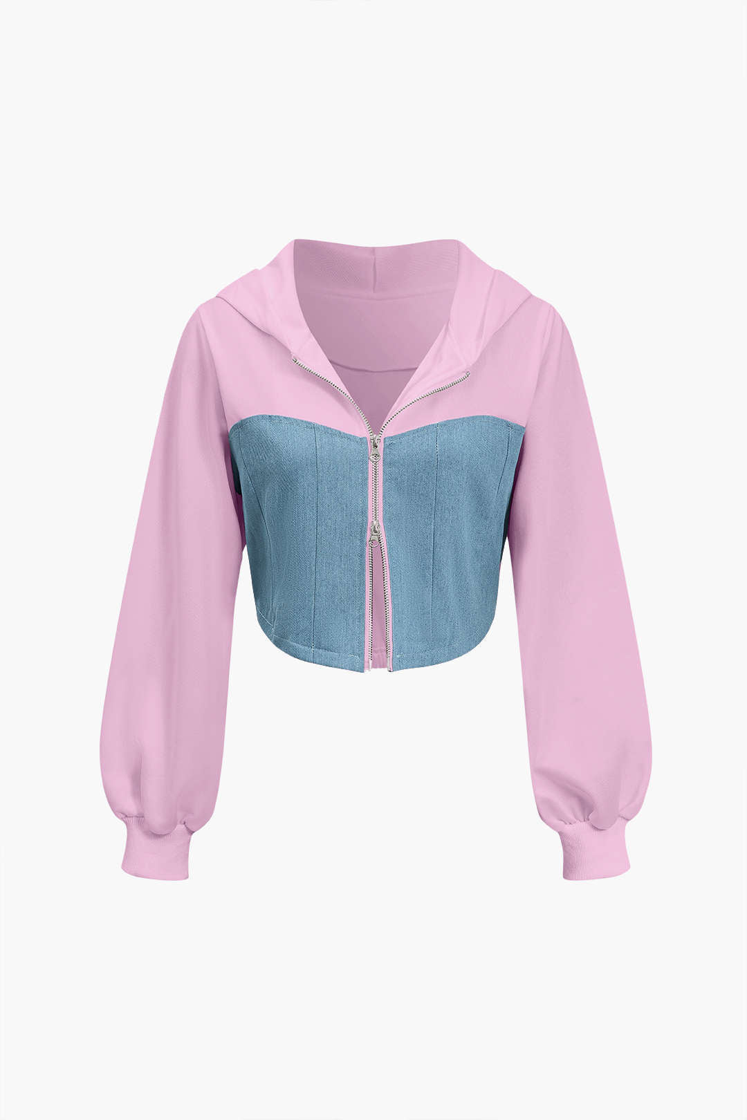 Color Block Denim Patchwork Hooded Zipper Jacket And Trousers Set