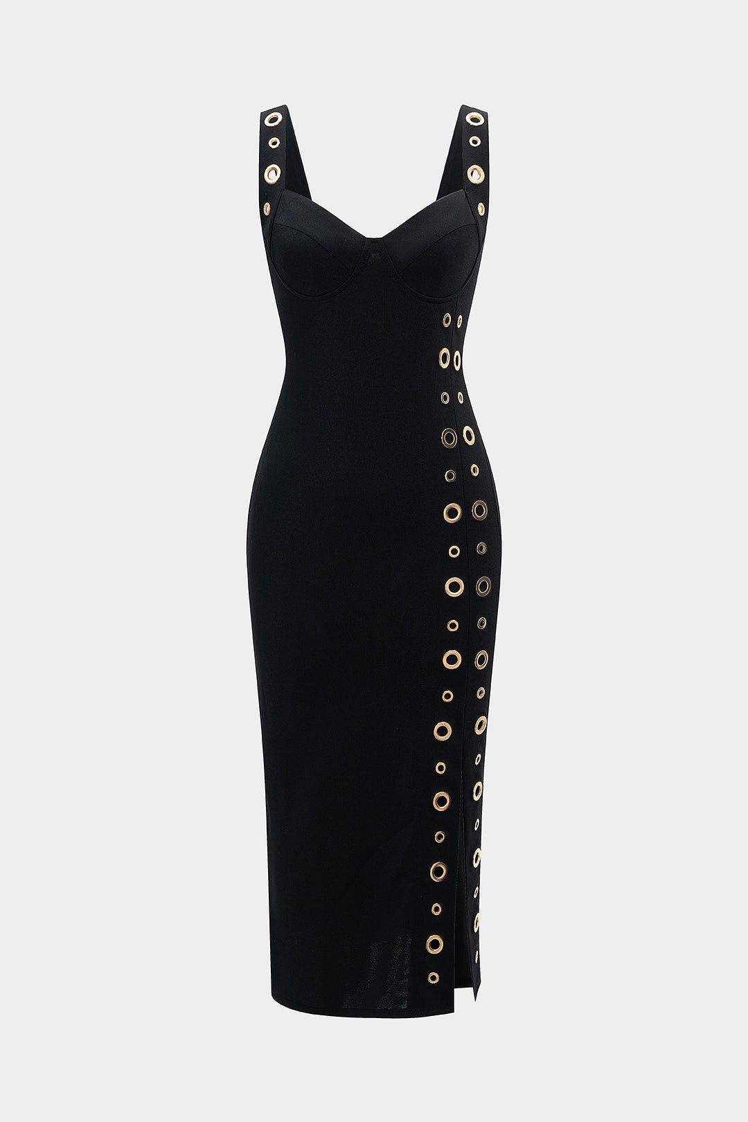Metallic Eyelet Zipper Sleeveless Midi Dress