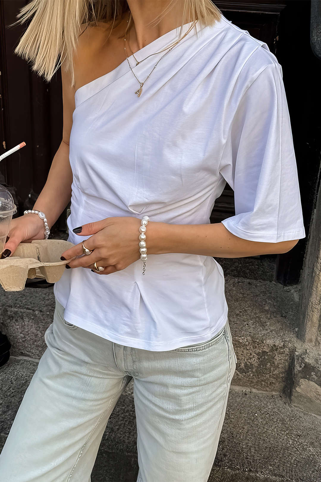 Sloid Ruched One Shoulder T-Shirt