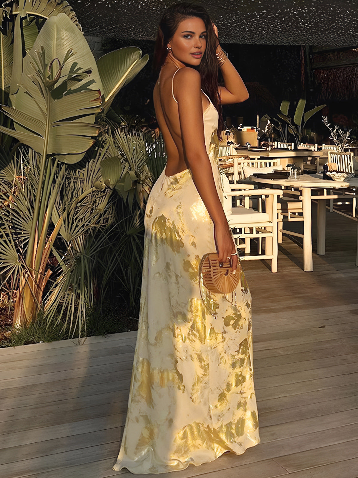 Trapstar Print V-Neck Backless Slip Long Dress