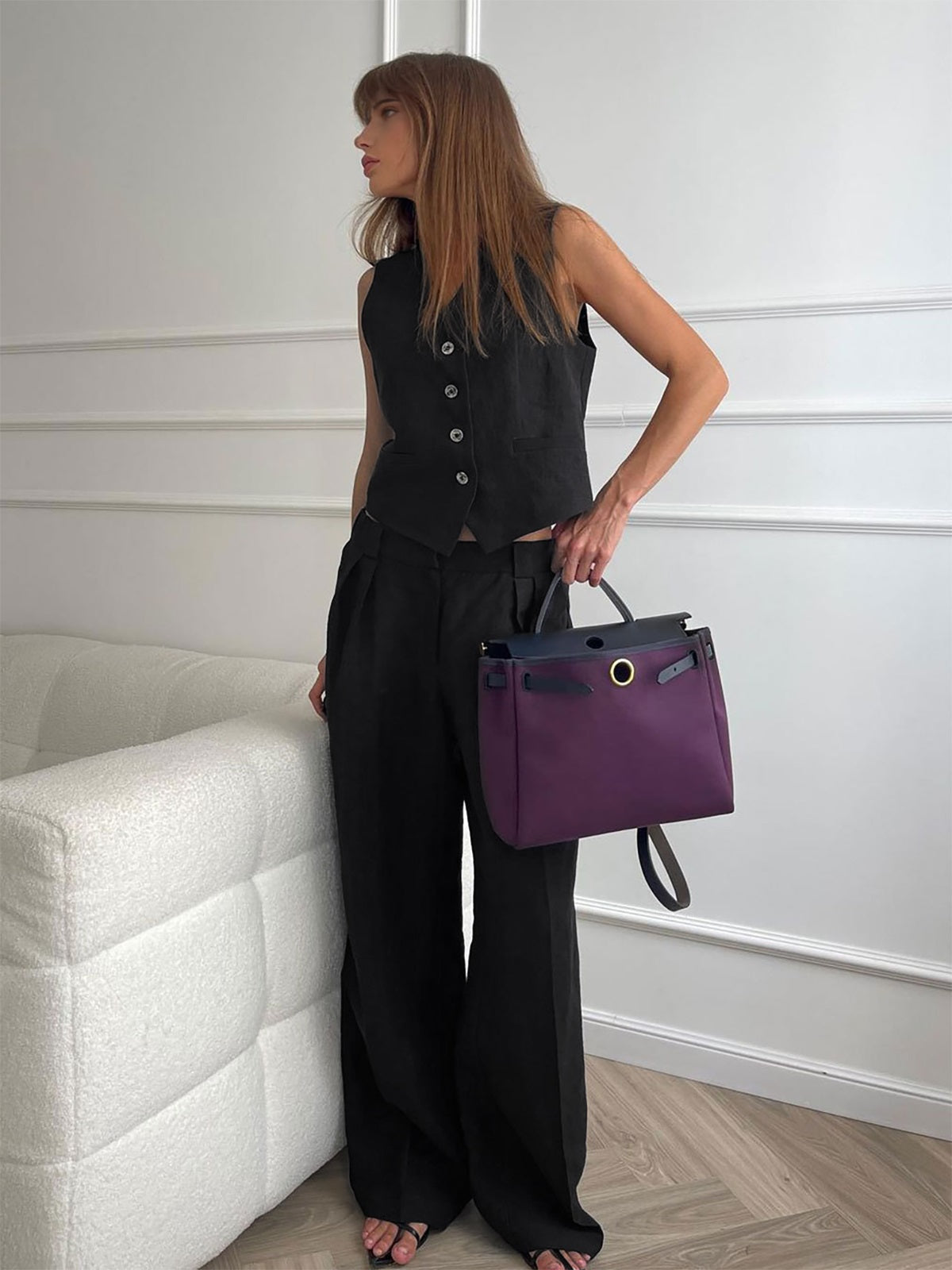 Tailored  Linen Vest & Wide-Leg Pants Set