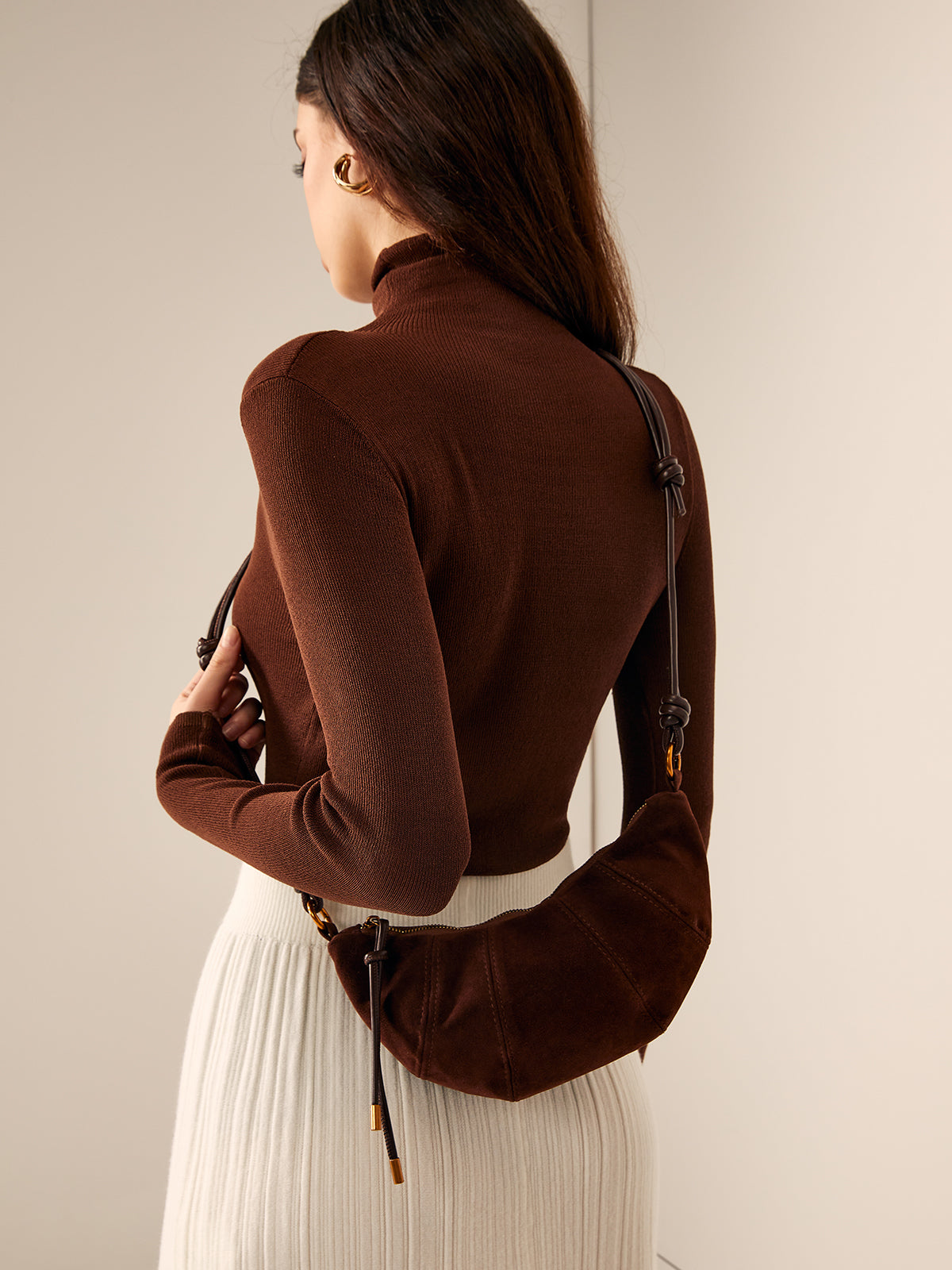 Mocha Suede Knot Shoulder Bag