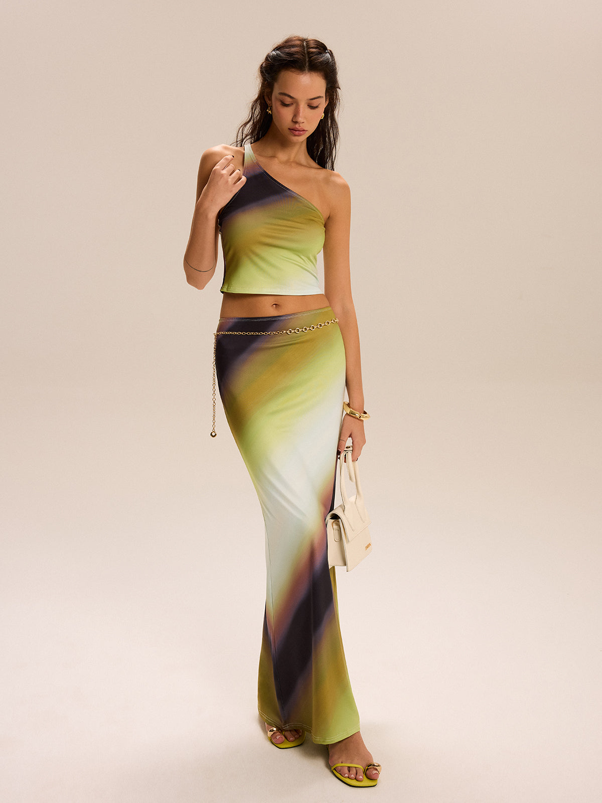 Gradient Print One-Shoulder Skirt Set