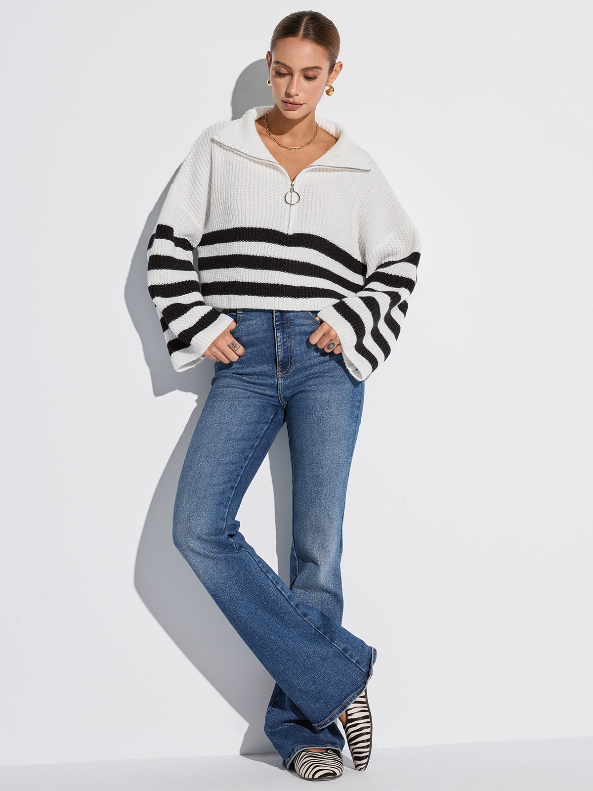 Half-Zip Striped Oversized Sweater