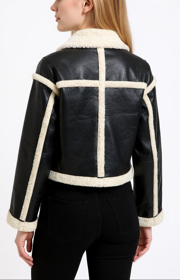 Faux Leather Long Sleeve Collar Jacket