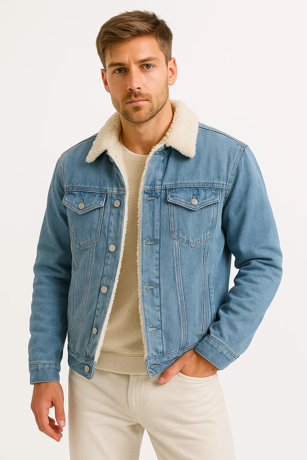 Men's Fleece Jacket Denim Thickened Winter Loose Fit