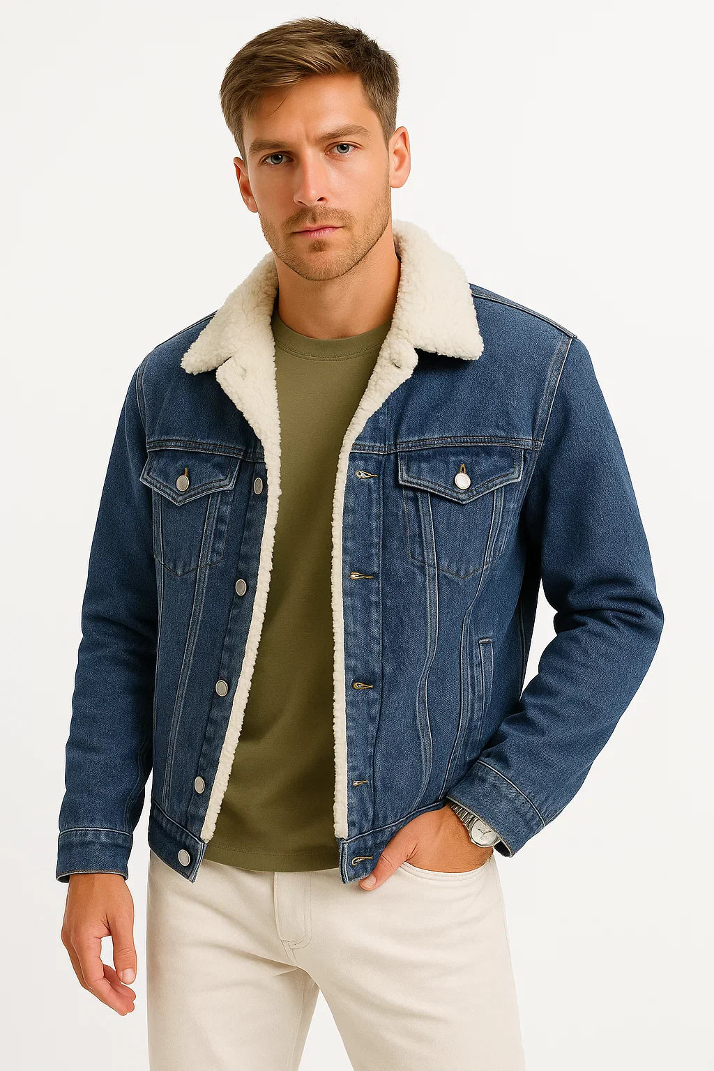 Men's Fleece Jacket Denim Thickened Winter Loose Fit