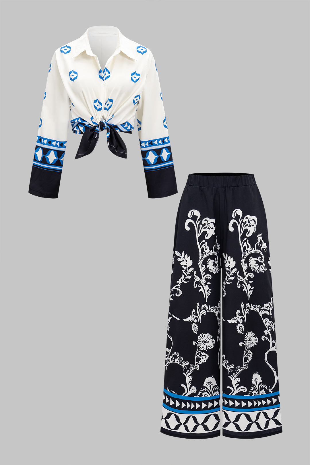Floral Print Long-Sleeve And Wide Leg Long Sleeve Trousers Set
