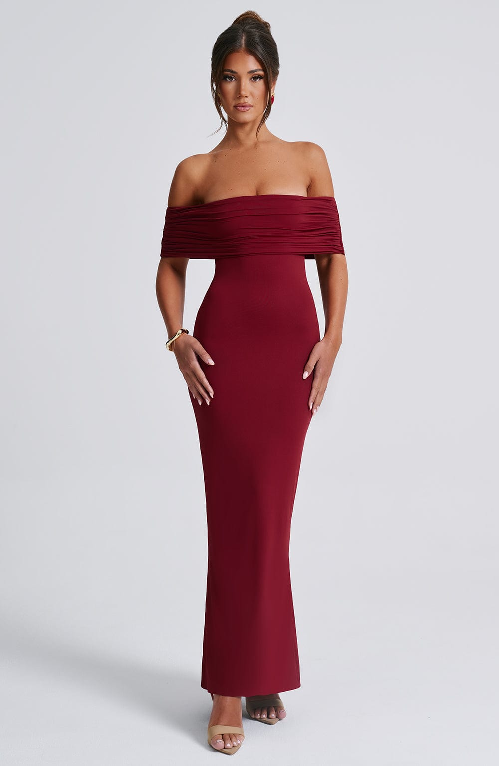 Hills Burgundy Off-Shoulder Maxi Dress