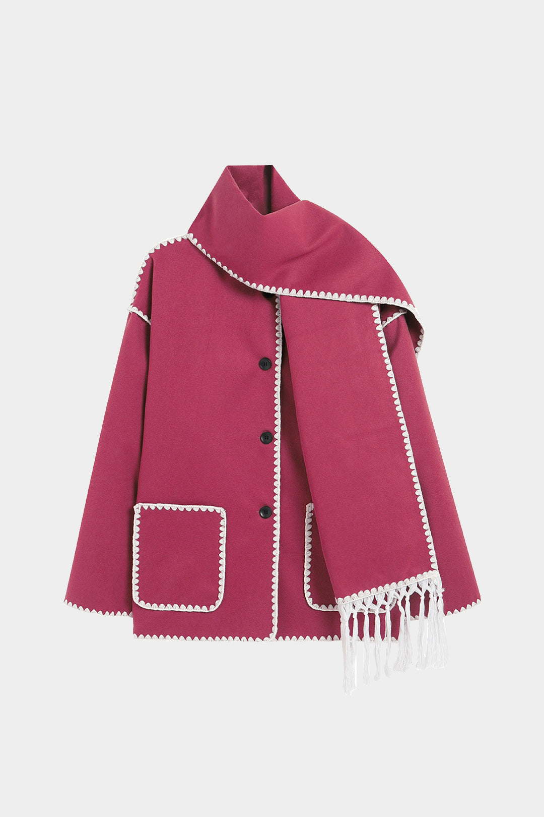 Contrast Trim Wool-blend Coat With Tassel Scarf