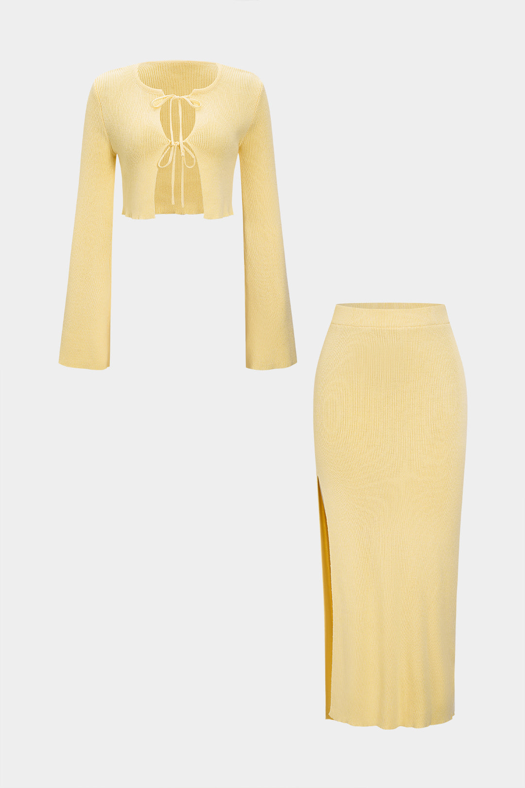 Knit Tie-Up Bell Long Sleeve Top And Side Split Skirt Set