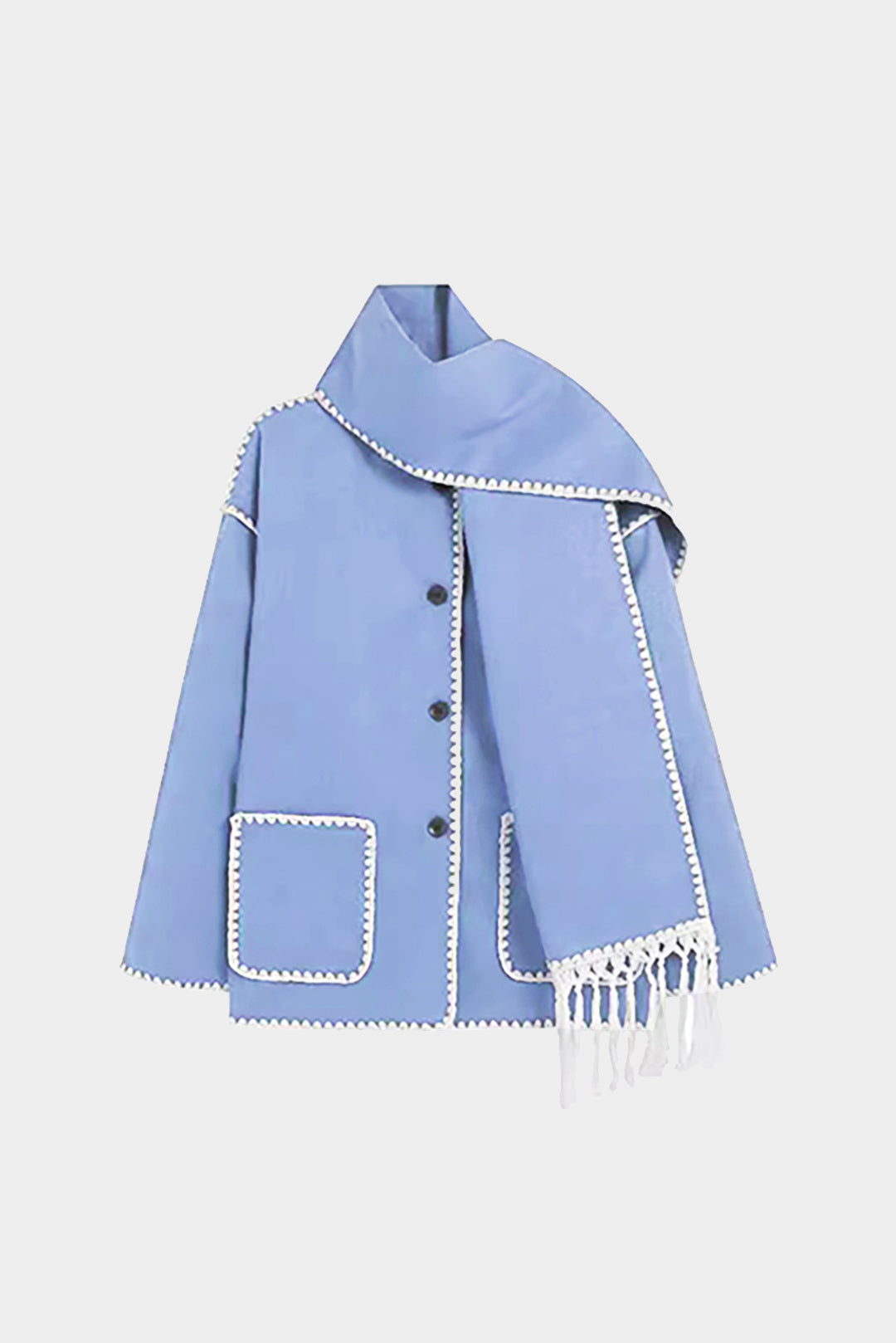 Contrast Trim Wool-blend Coat With Tassel Scarf